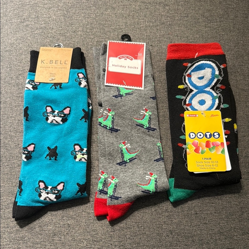 Assorted Men’s Crew Socks Holiday themed + Pug dog socks Men’s 6-12